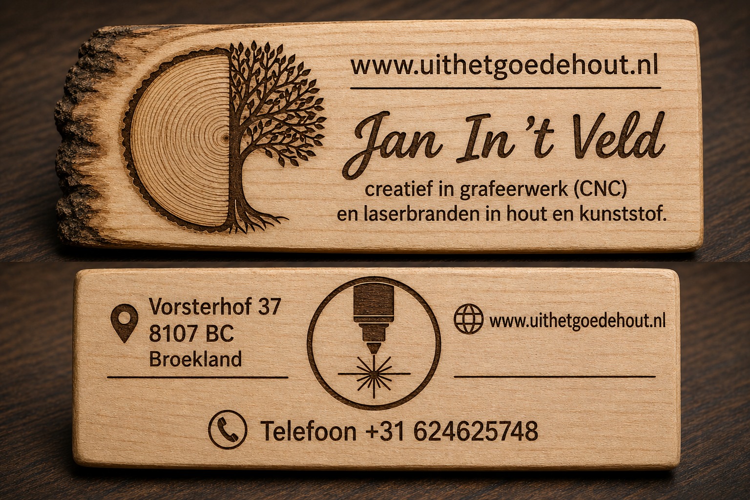 Visitekaartje van Jan In 't Veld — Uit het goede hout. Creatief in graveerwerk (CNC) en laserbranden in hout en kunststof. Vorsterhof 37, 8107 BC Broekland. Telefoon +31 6 24625748.